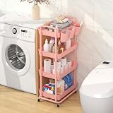 JIUYOTREE 4-Tier Plastic Rolling Storage Cart Pink with Lockable Wheels view 3