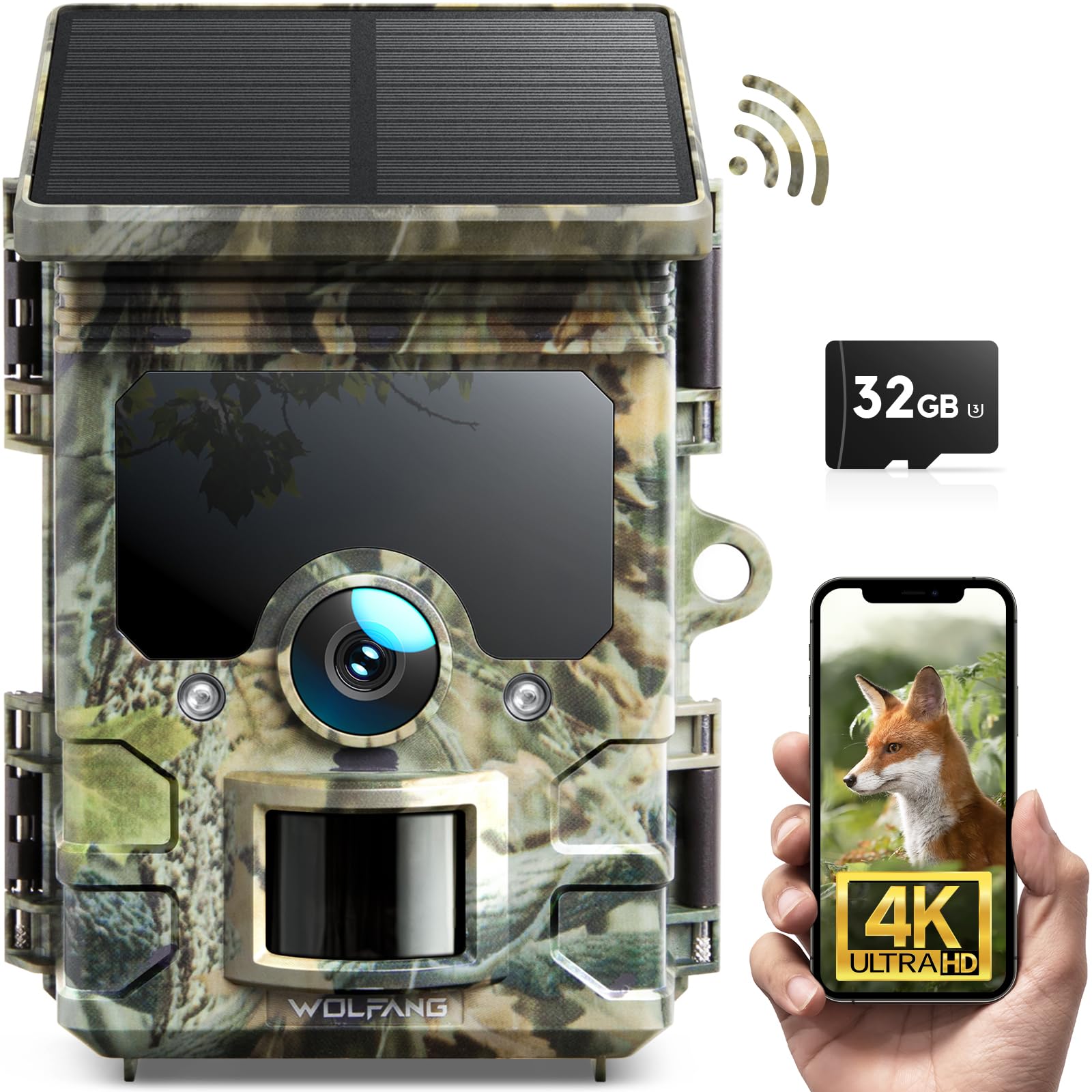 WOLFANG Solar Wildlife Camera 4K 30fps, WiFi Bluetooth Trail Camera with 120° Night Vision Motion Activated 0.1s Trigger Time IP66 Waterproof Game Camera for Wildlife Monitoring with Micro SD Card