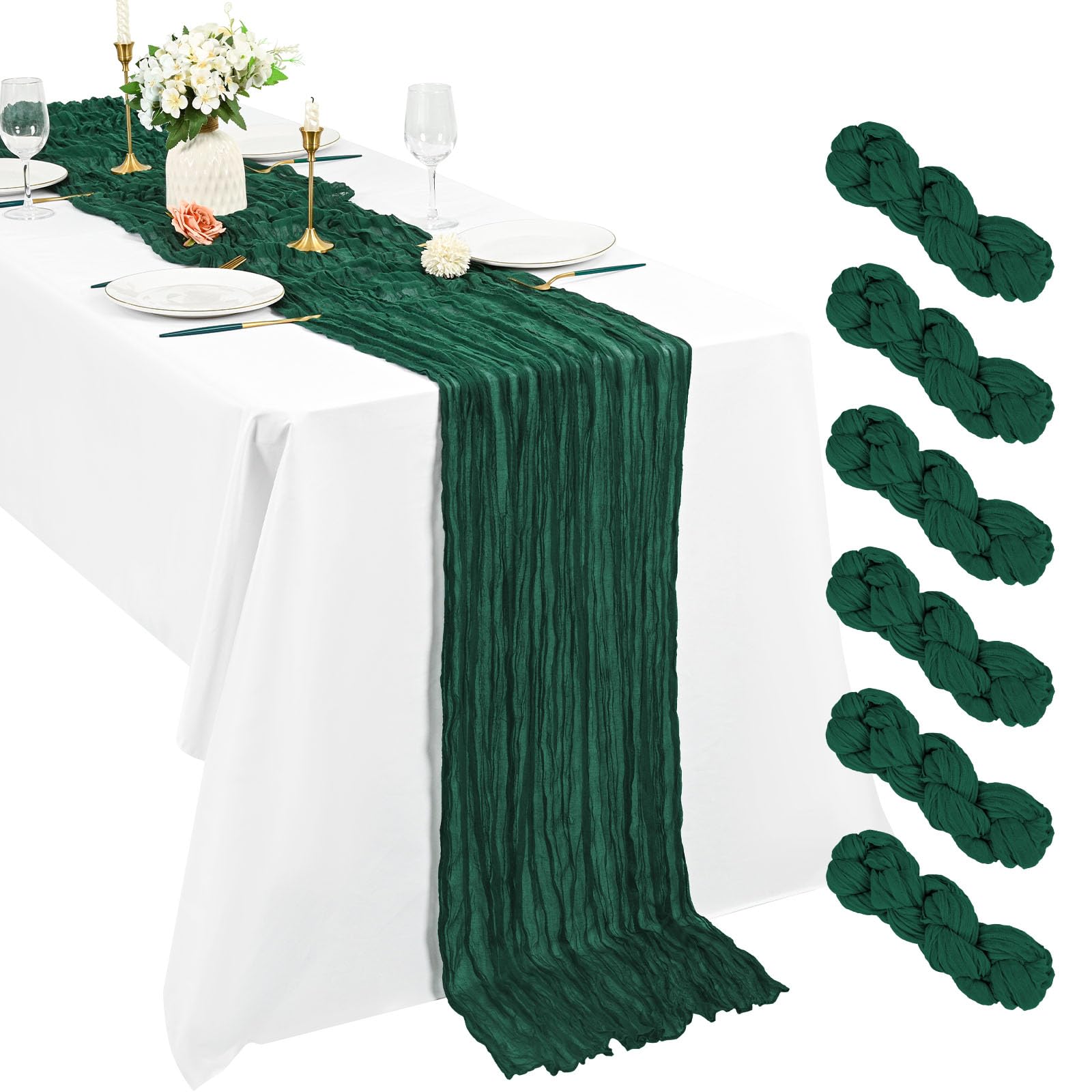 6 Pack Emerald Green Cheesecloth Table Runner 10Ft Boho Gauze 21×120 Inch Rustic Romantic Long for Wedding Party Bridal Shower Thanksgiving Christmas Decoration