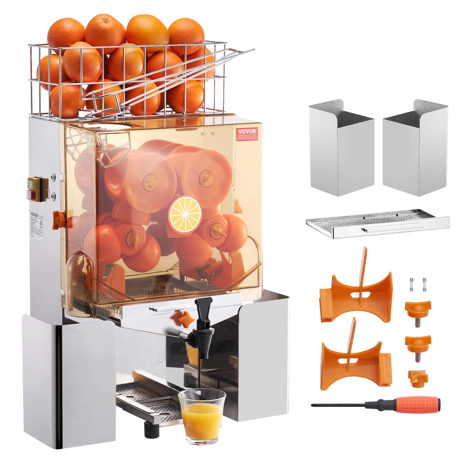 Photo 1 of VEVOR Commercial Orange Juicer Machine, 120W Automatic Juice Extractor with Water Tap, Stainless Steel Orange Squeezer 20 Oranges/Minute, with Pull-Out Filter Box, PC Cover, 2 Peel Collecting Buckets