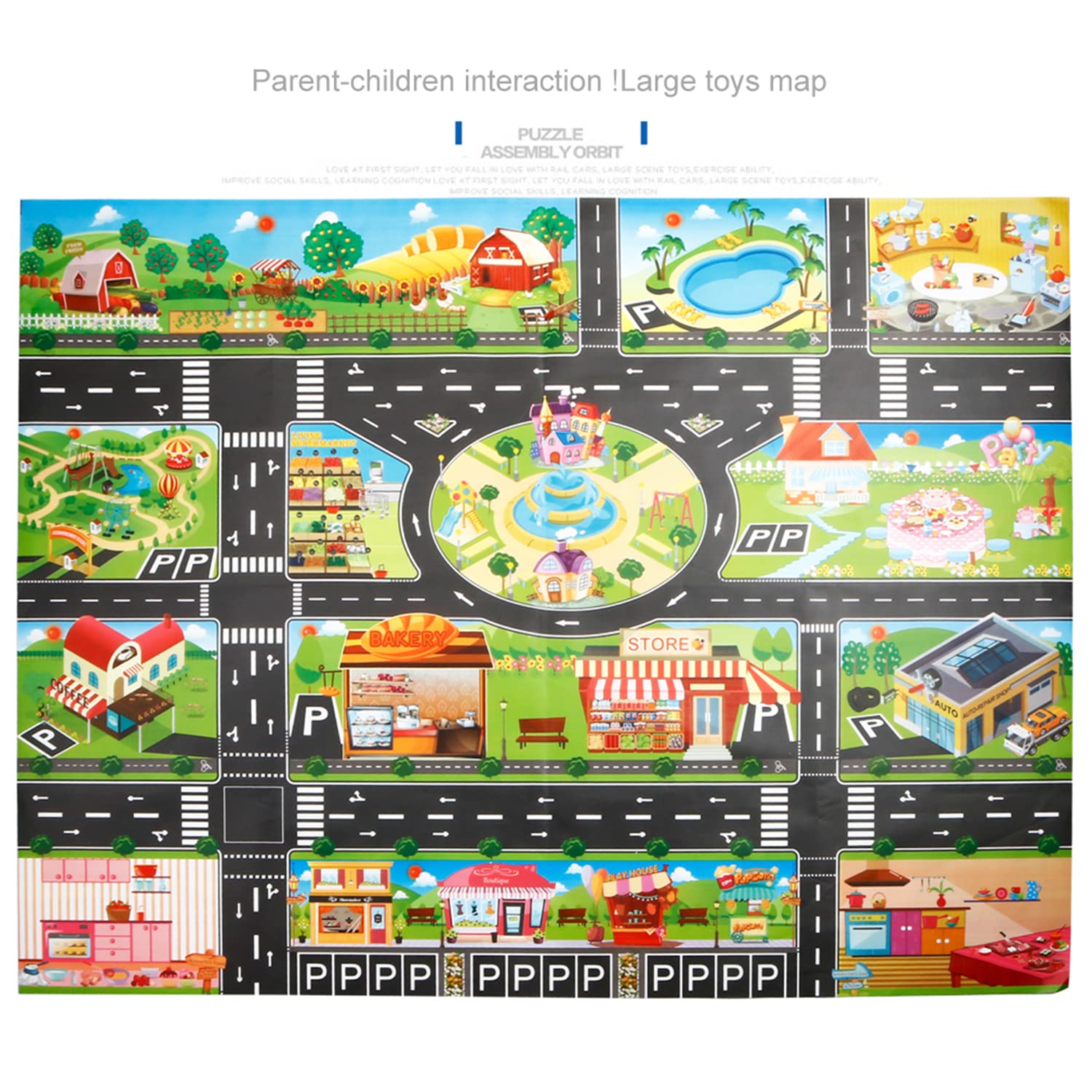 JTMM PVC Game Rug,Plastic Splat Mat, Washable For Floor Or Table,Carpet PVC City Life Great For Educational Road Traffic Mat Learning Carpets