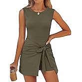 Caracilia Women Summer Sleeveless Bodycon Tie Cinched Waist Romper Skort Mini Dress Built in Shorts Night Out Vacation Dress