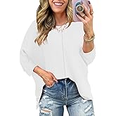 Poetsky Womens 2025 Spring 3/4 Sleeve Crewneck Waffle Knit Shirt Loose Casual Side Split Tunic Tops