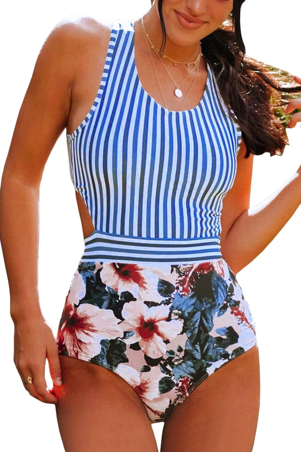 Almaree Women Floral Striped High Neck Zip Tie Back One Piece Swimsuits Swimwear At Amazon Women S Clothing Store