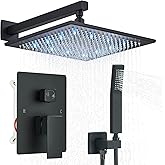 12 inches LED Rainfall Shower Head with Brass Handheld Rain Shower System Shower Faucets Sets Complete or Bathroom Rough-in Valve Body and Trim Included Matte Black