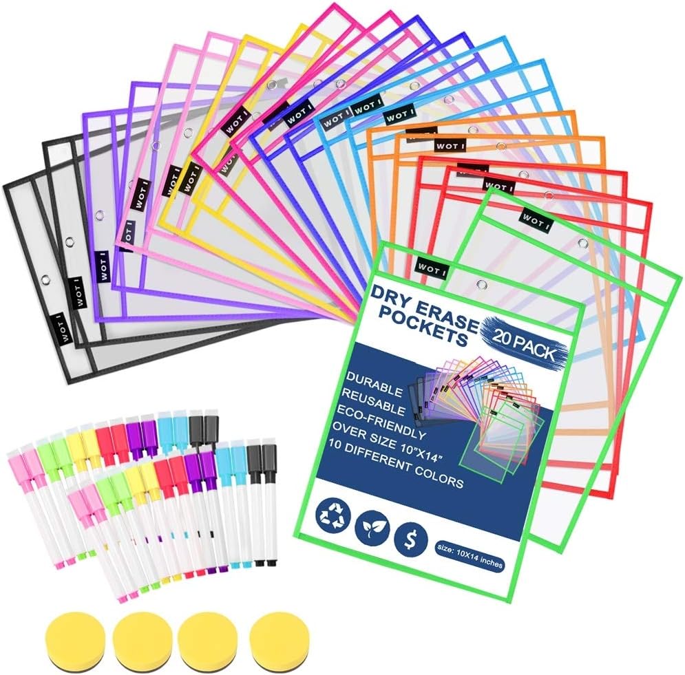Dry Erase Pockets 20 Set Dry Erase Sleeves Oversized 10 x 14 Inches Teacher-Supplies- for-Classroom-Reusable-Dry-Erase-Pockets-Sleeves Assorted Colors WOT I : Office Products