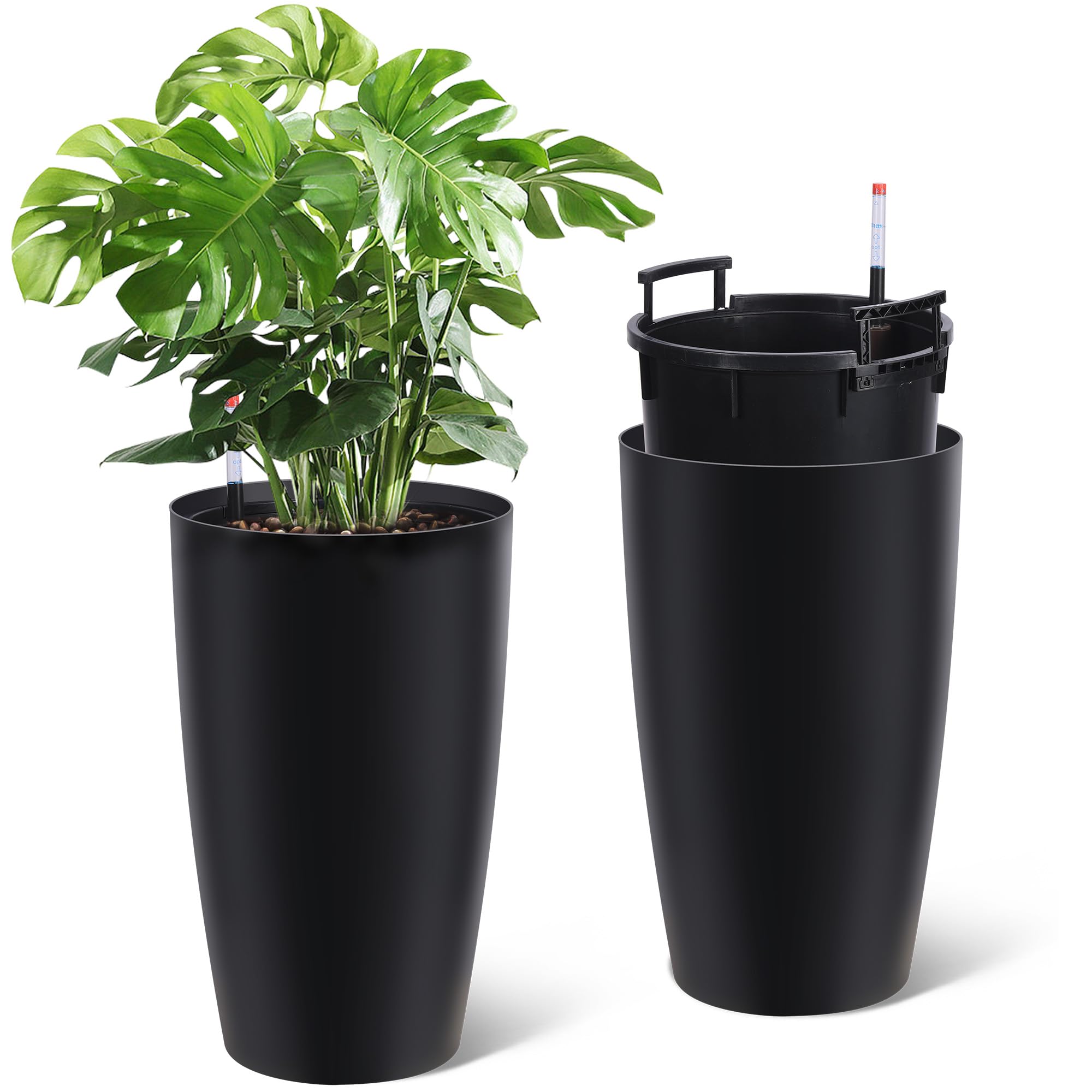 Photo 1 of 22" Tall Round Planter  Self Watering Pots for Indoor Plants, Large Flower Pot Outdoor with Built-in Drainage and a Water Level Monitor, for Patio, Porch, Living Room, or Home Office, Black