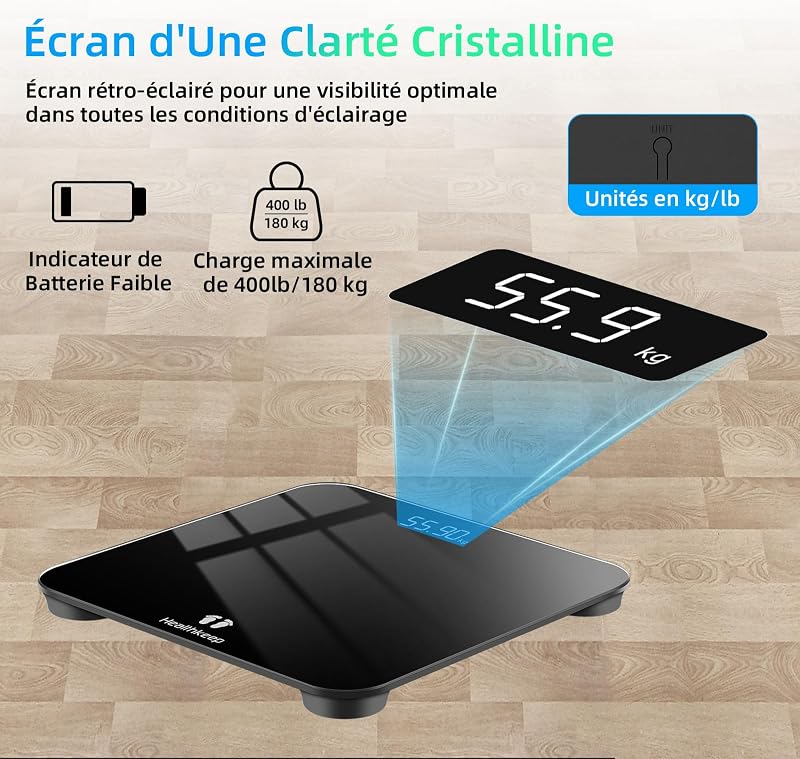 Balance Pese Personne Numérique, Haute Précision avec Affichage Lumineux, Technologie Step-On 5mm Verre Trempé, Haute Précision à 180kg/ 400lb