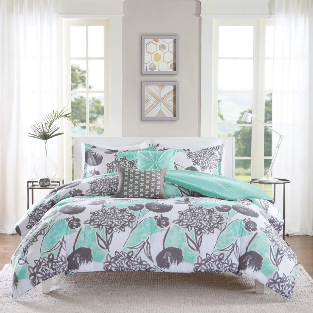 Amazon Com 4pc Girls Mint Grey Floral Theme Comforter Twin