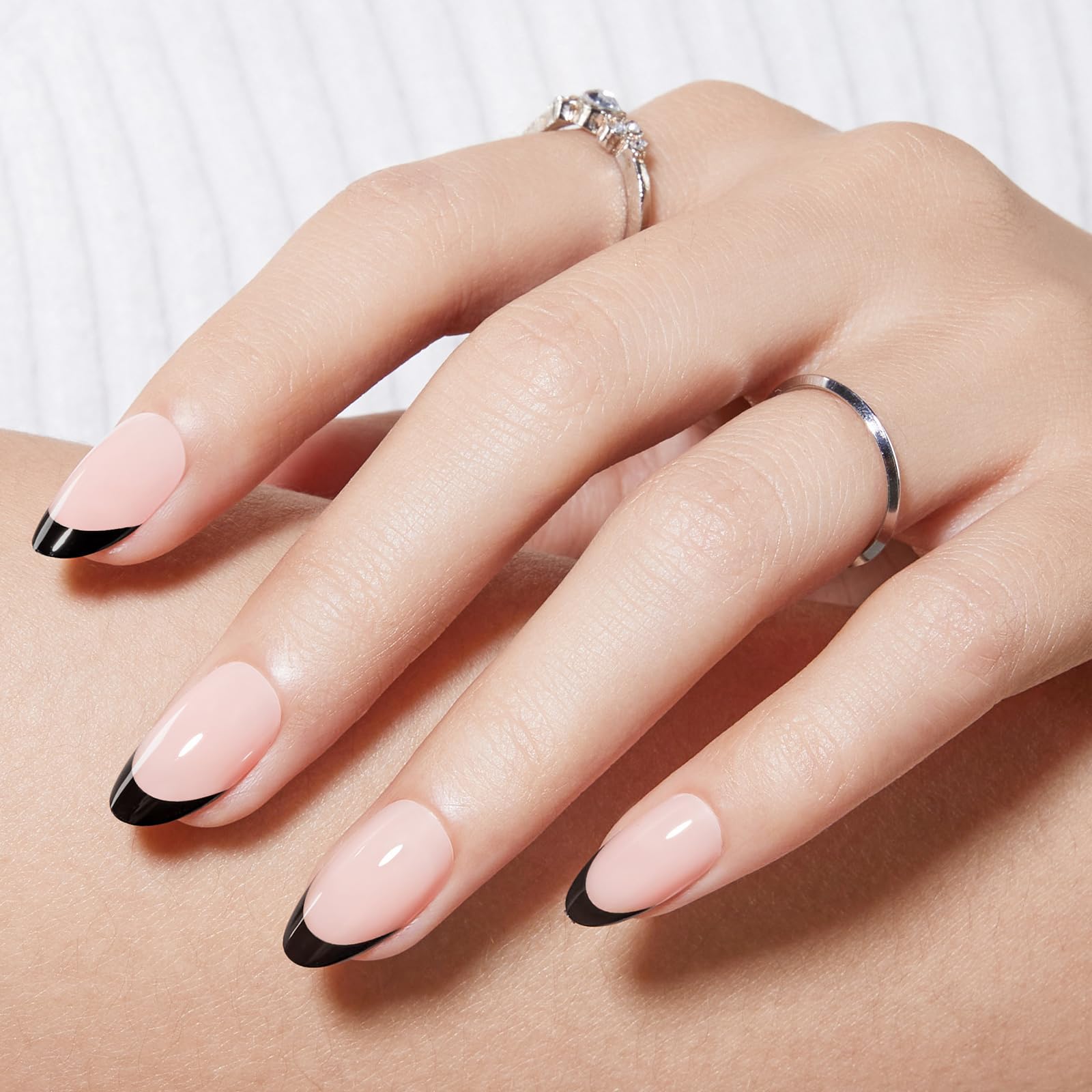 Modelones Black French Tip Press on Nails Almond, Short Almond Fake Nails, Reusable Nail Kit with Nail Glue Adhesive Tabs Mini Nail File, Nails Press Ons 32Pcs16 Sizes - Image 2