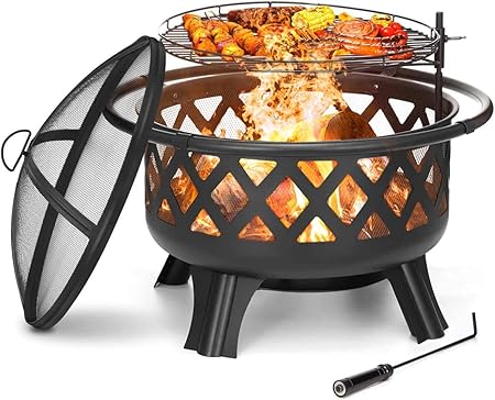 Amazon Com Kingso 2 In 1 Outdoor Fire Pit With Cooking Grate 30 Heavy Duty Fire Pits Outdoor Wood Burning Steel Bbq Grill Firepit Bowl With Spark Screen Cover Log Grate Fire Poker For