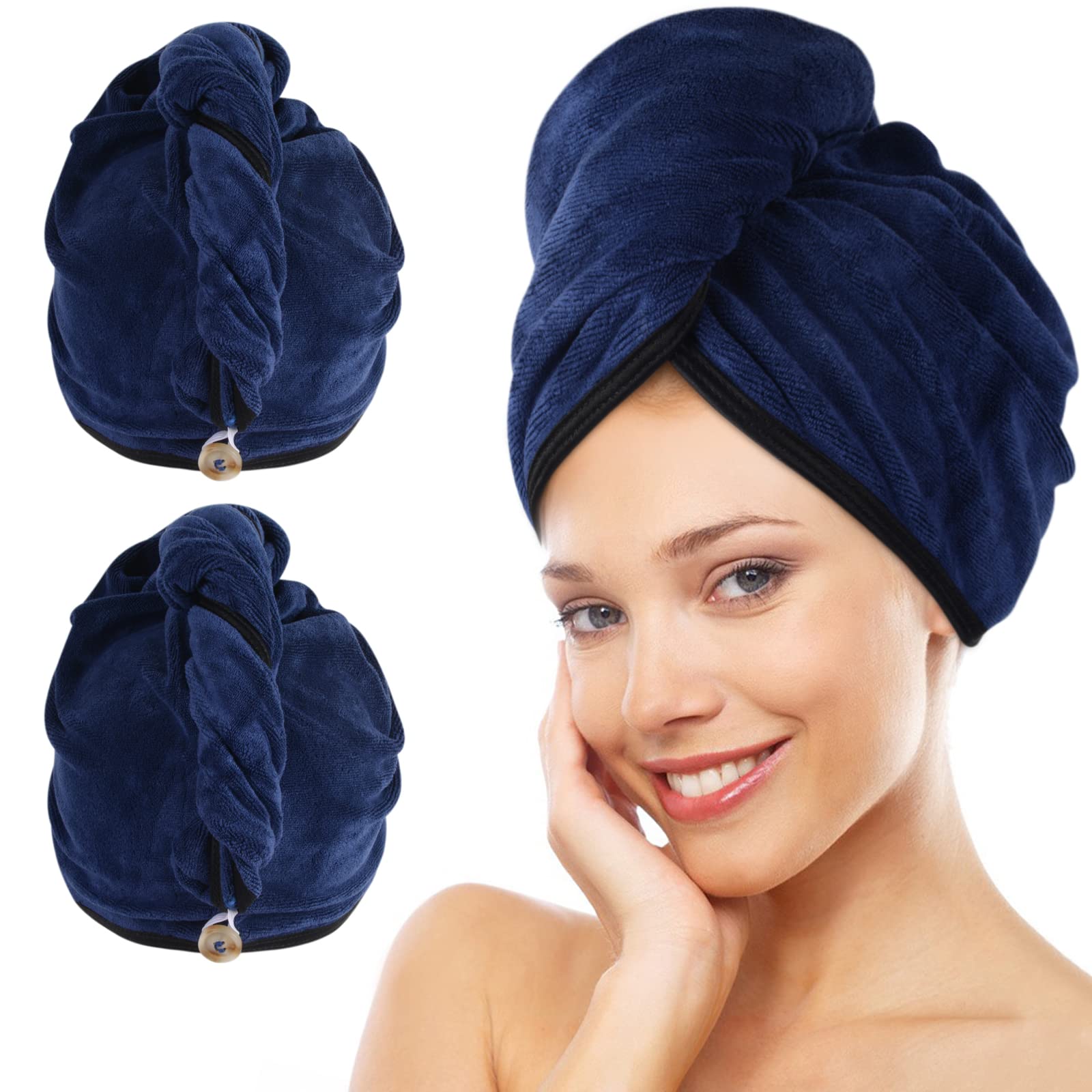 KinHwa Microfibre Hair Towels Wrap Super Absorbent 30x70cm Large Dry Hair Turban for Women Wet Long Thick Hair 2 Pack Navyblue