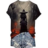 Halloween Witch Party Shirts for Women Casual Fall Midsummer Witches Gather T-Shirt Halloween Witch Novelty Graphic Tees