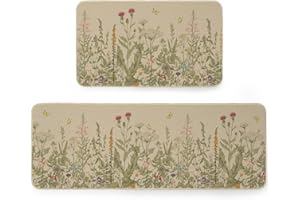 ARKENY Spring Decorative Kitchen Mats Set of 2, Non-Slip Absorbent Rug and Door Mats, Hello Spring Seasonal Flowers Kitchen Floor Mat 17x29 and 17x47 Inch AKM055