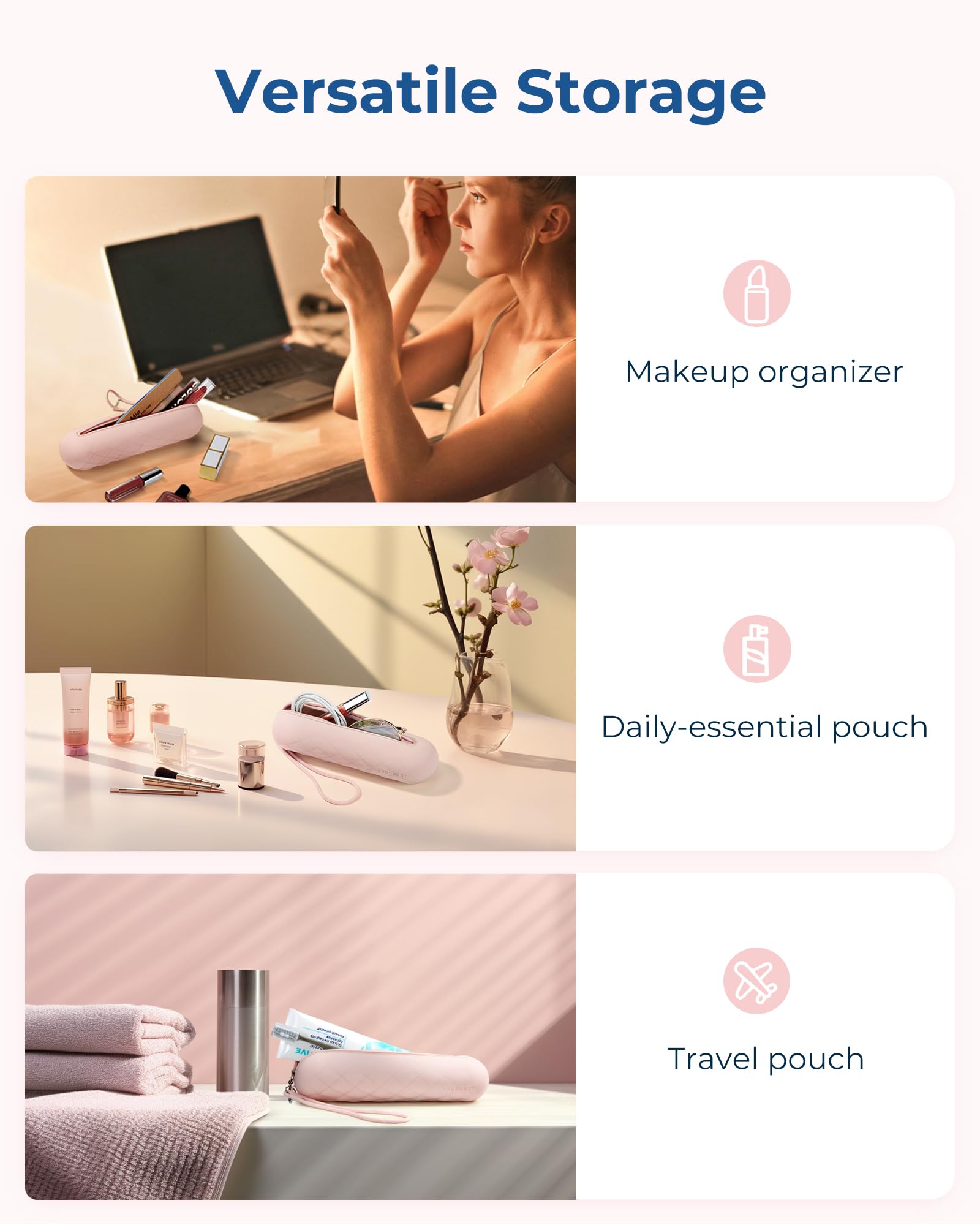 BAGSMART Makeup Brush Holder Bag, Travel Small Makeup Bag for Purse, Make Up Brush Bag Case Cosmetic Bag, Silicone Soft Portable Face Brushes Travel Essentials Organizer Holder, Pink