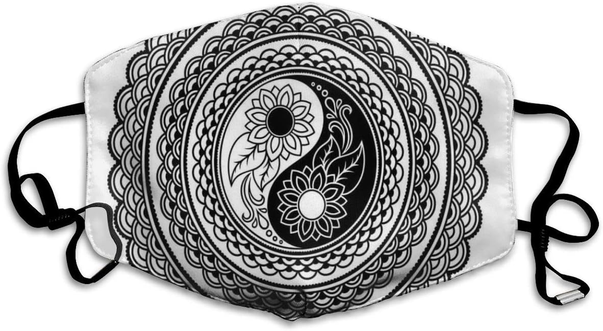Comfortable Windproof mask,Asian Yin Yang Symbol With Flowers Tattoo Style Mandala Illustration,Printed Facial decorations for adult