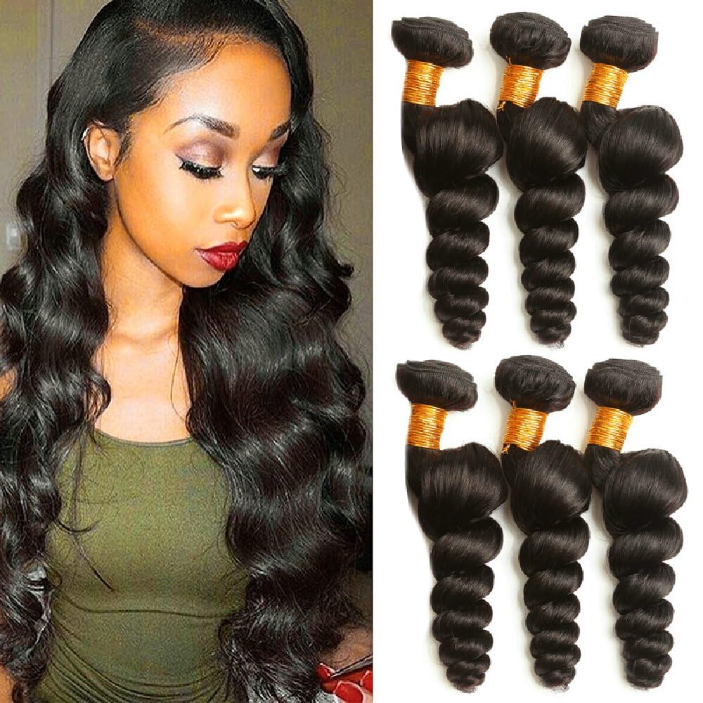 Urshiney Loose Wave Hair Bundles - Brazilian Virgin Human Hair Double Weft Weave - Natural Color, Can Be Dyed - 3 Bundles, 300g, 22 24 26 Inch