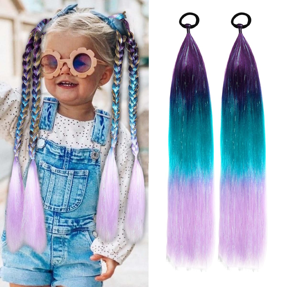 Rainbow Ponytail Extensions With Hair Tie 2 Packs 50g/Pack Coloured Hair Extensions for Braiding 26 inch Colorful Ombre Mermaid Ponytail Synthetic Hair Extensions for Girl Women S38 โ image 1