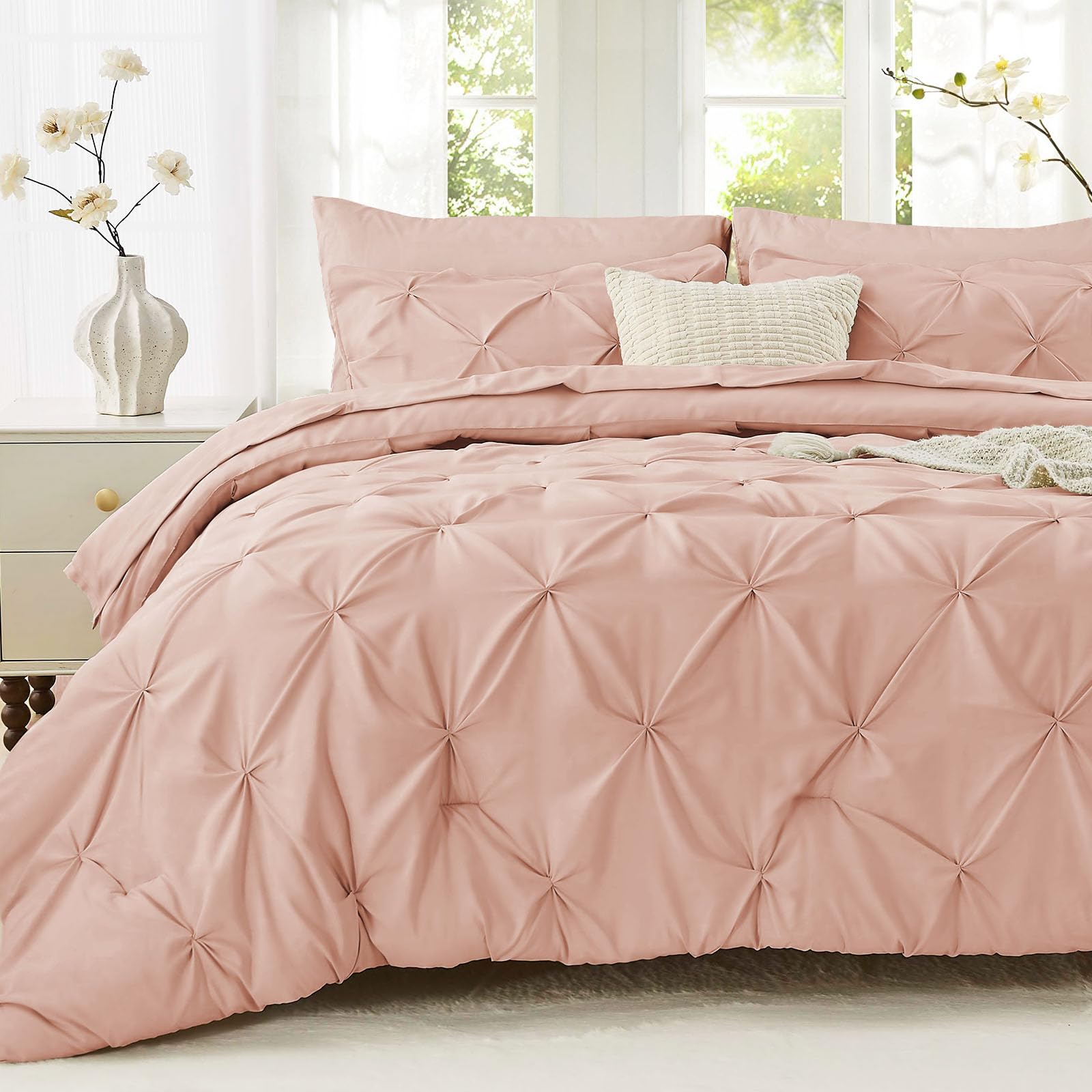 Sasttie California King Comforter Set, 7-Piece Bed in a Bag, Pintuck Bedding Sets for All Season, Includes Comforter, Flat Sheet, Fitted Sheet, Pillowcases and Pillowshams, Rose Gold Image