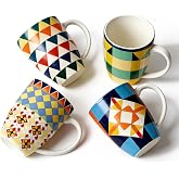 Momugs Bohemian Ceramic Coffee Mugs Set of 4, 15oz/450ml Geometric Pattern Tea Cups, Large Porcelain Mugs for Latte Cappuccino, Colorful Boho Drinkware Gift Set
