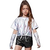 Perfashion Girls Metallic Shirts Shiny Tie Front Knot Crop Top with Arm Sleeves for Dancing Raves Festivals 4-15 Years