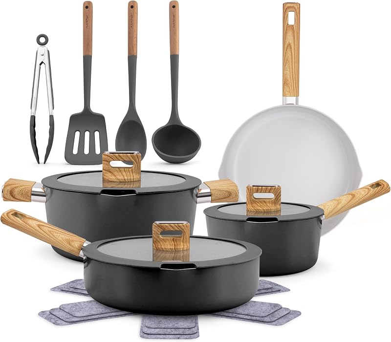 NutriChef 14-Piece Nonstick Ceramic Cookware Set – Pots and Pans Set with Cooking Utensils & Glass Lids, PFAS/PFOA/PTFE-Free Ceramic Coating, Induction Compatible, Heat-Resistant Handles (Black)