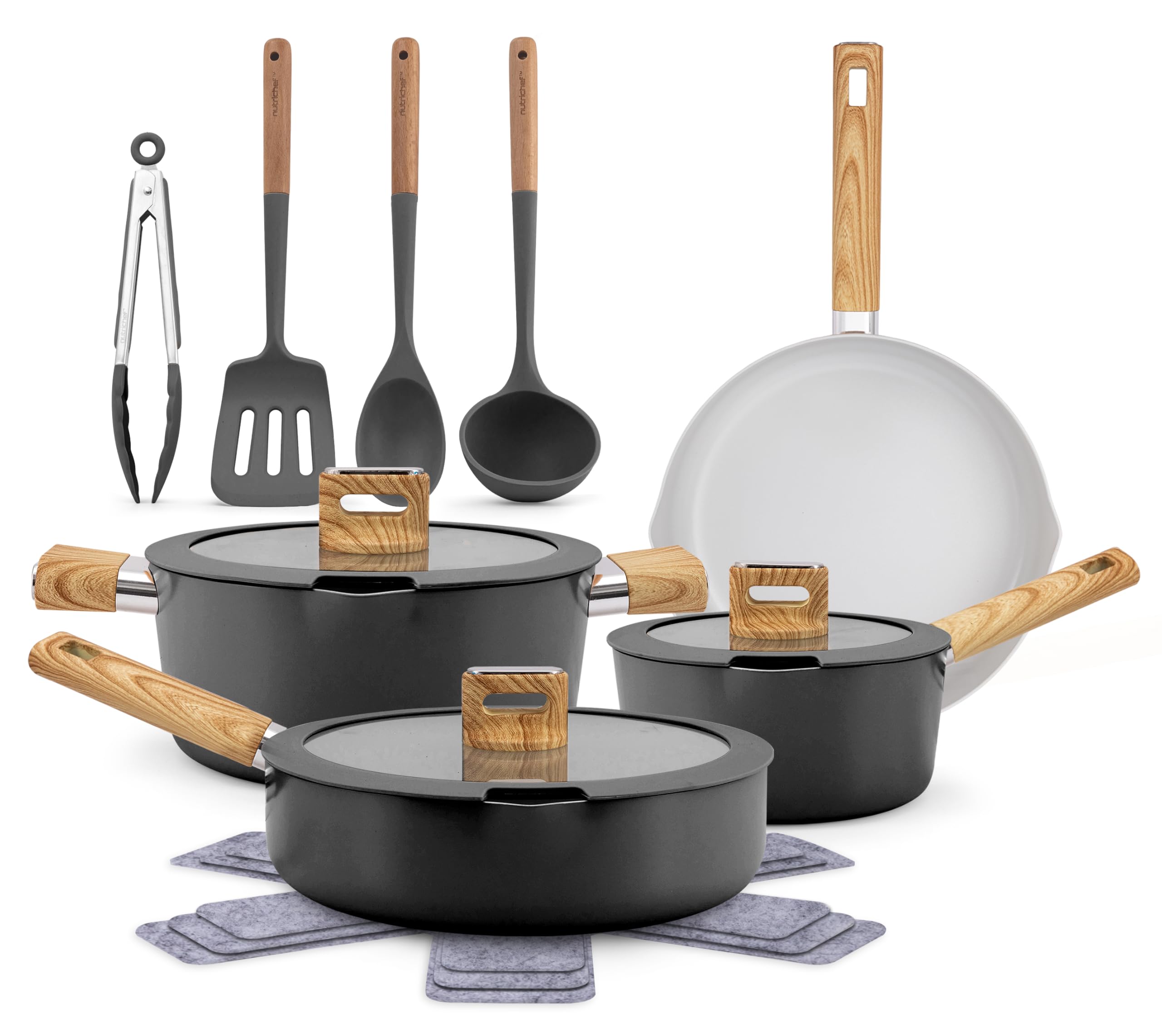 NutriChef 14-Piece Non-Stick Ceramic Cookware Set - Induction Safe Pots and Pans with Glass Lids, Cool-Touch Handles, Even Heat Distribution, Dishwasher Safe, Includes Ladle, Tong, Spatula (Black) Image