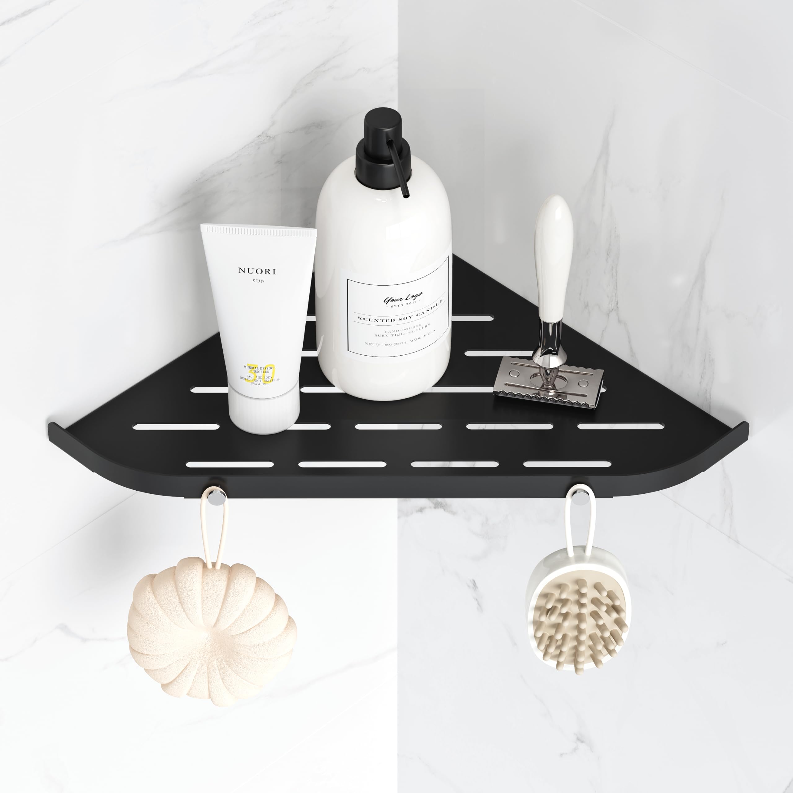 Neodrain Minimalist Black Stainless Steel Shower Shelf with 2 Hooks, Wall Mount, Unisex