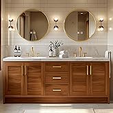 High QLO Bathroom Vanity - Retro Bathroom Vanity with Double Sinks Includes Round Mirror & Wood Grain Cabinets|Retro Log Styl