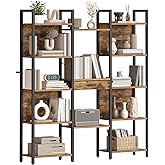 HOOBRO Triple Book Shelf, Industrial Bookshelf with Drawer, 5-Tier Bookcase with Metal Frame, Bookcase with 13 Open Display Shelves for Home Office, Living Room, Rustic Brown and Black BF160SJ01