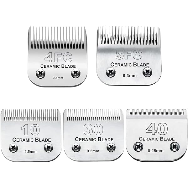 5PCS 10 BLADES DOG GROOMING REPLACEMENT BLADES COMPATIBLE WITH ANDIS PET CLIPPER/OSTER A5/WAHL KM SERIES DOG CLIPPER,CERAMIC BLADE & STAINLESS STEEL BLADE, SIZE ：#10+30+40+5FC+4FC