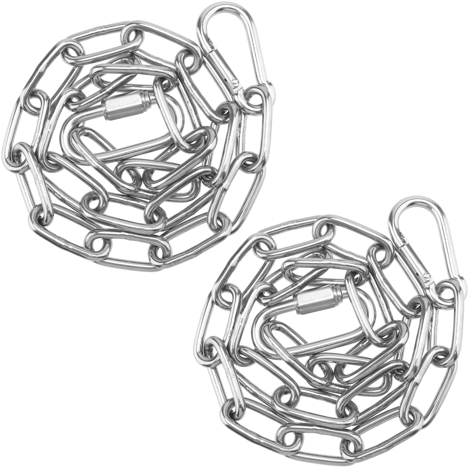 CHEUKYIU Pack of 2 Stainless Steel Link Chain Diameter 4 mm, 60 cm Extension Chain Hanging Chair, Round Steel Chain with 2 Pieces M5 Carabiner Hooks and 2 Pieces Spring Loaded Buckle for Swings
