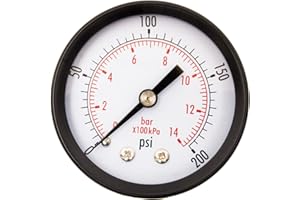 DuraChoice 2" Dial Utility Pressure Gauge, Water Oil Gas, 1/4" NPT Center Back Mount, Black Steel Case, 0-200 PSI