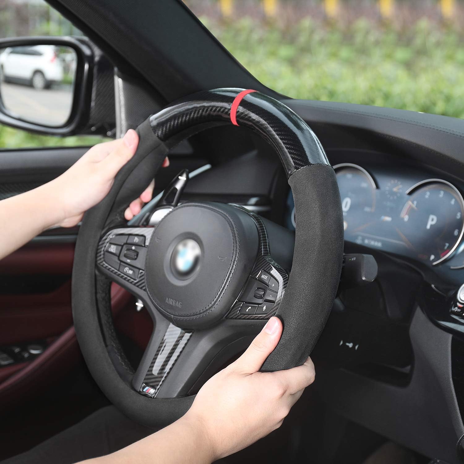 YANDA Car Carbon Fiber Suede Steering Wheel Cover Auto Anti-Slip Leather Automotive Interior Accessories Decorate 15 Inch Universal Red & Black Color: Automotive