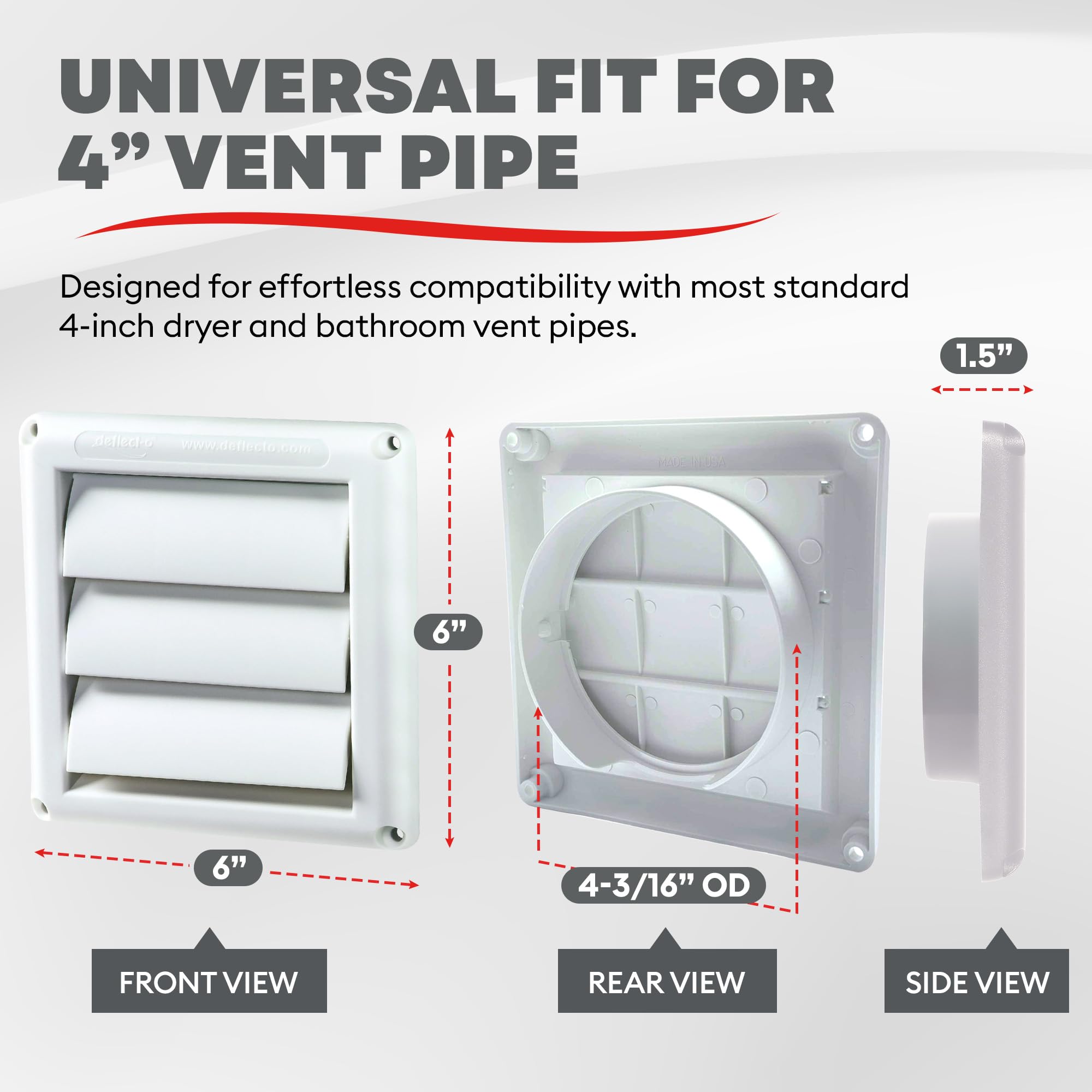Deflecto Supurr-Vent Louvered Weather-Resistant Outdoor Plastic Dryer Vent Cover for 4 inch Pipe, UV Protection for Maximum Airflow Efficiency & Long-Lasting Durability | 6 inch x 6 inch Size | White