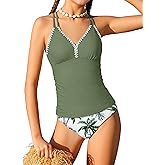 Queenstyle Girls Tankini Swimsuit V Neck Crochet Edge Bathing Suit Cross Back Straps Two Piece Swimwear for 9-16 Years