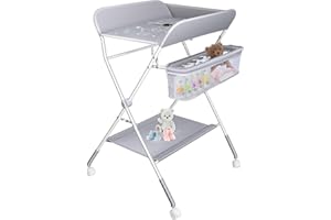 Portable Baby Diaper Table, Diaper Changing Table with Wheels, Large Storage Basket and Shelf - LIVINGbasics, Grey