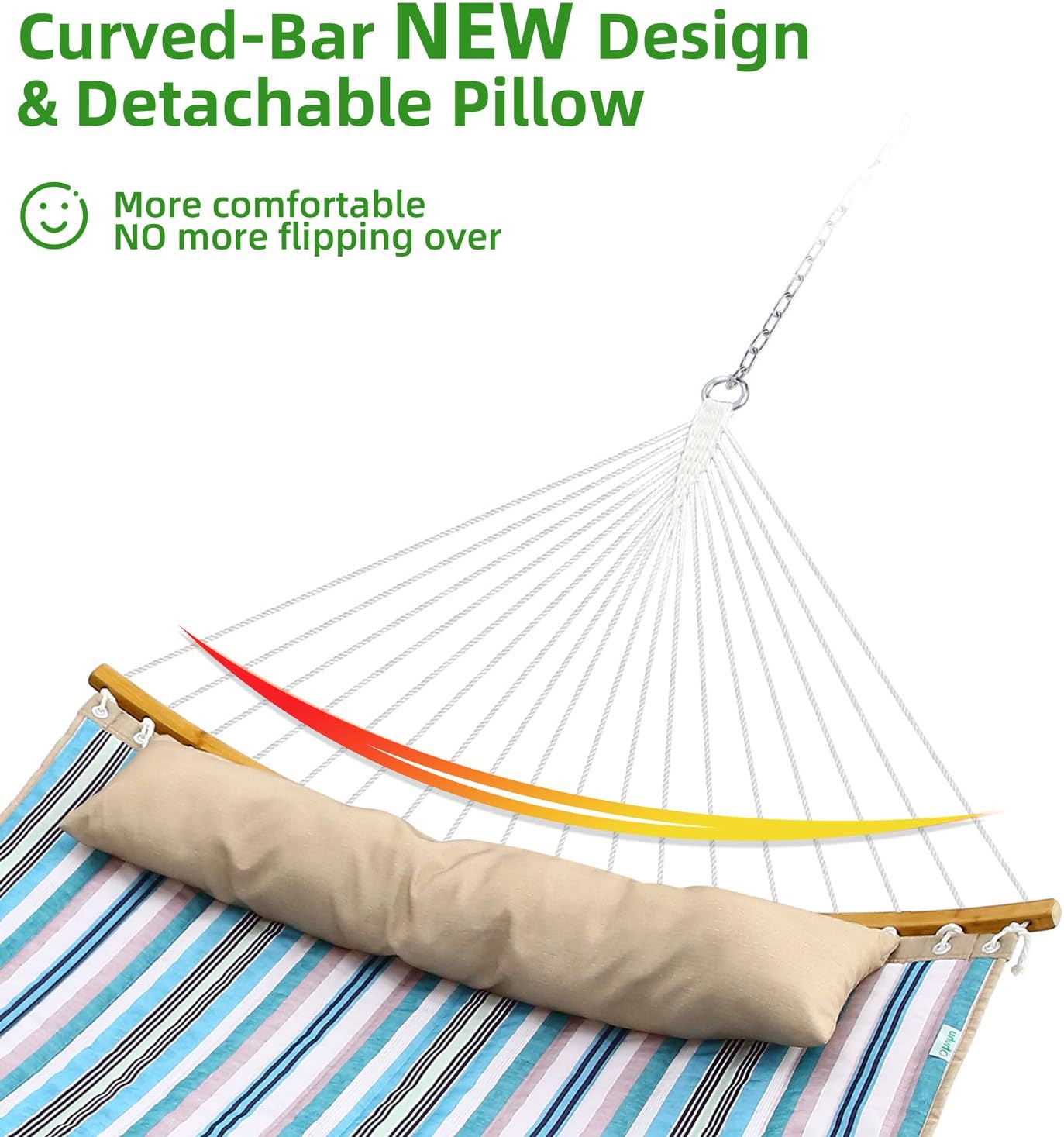 Ohuhu Double Hammock with 12.8 FT Hammock Stand, 55" x 75" Quilted Fabric Hammock Swing with Strong Curved-Bar Bamboo & Pillow, Stable Detachable Metal Stand, Bonus 2 Carrying Bag, Blue & White Strip: Furniture & Decor
