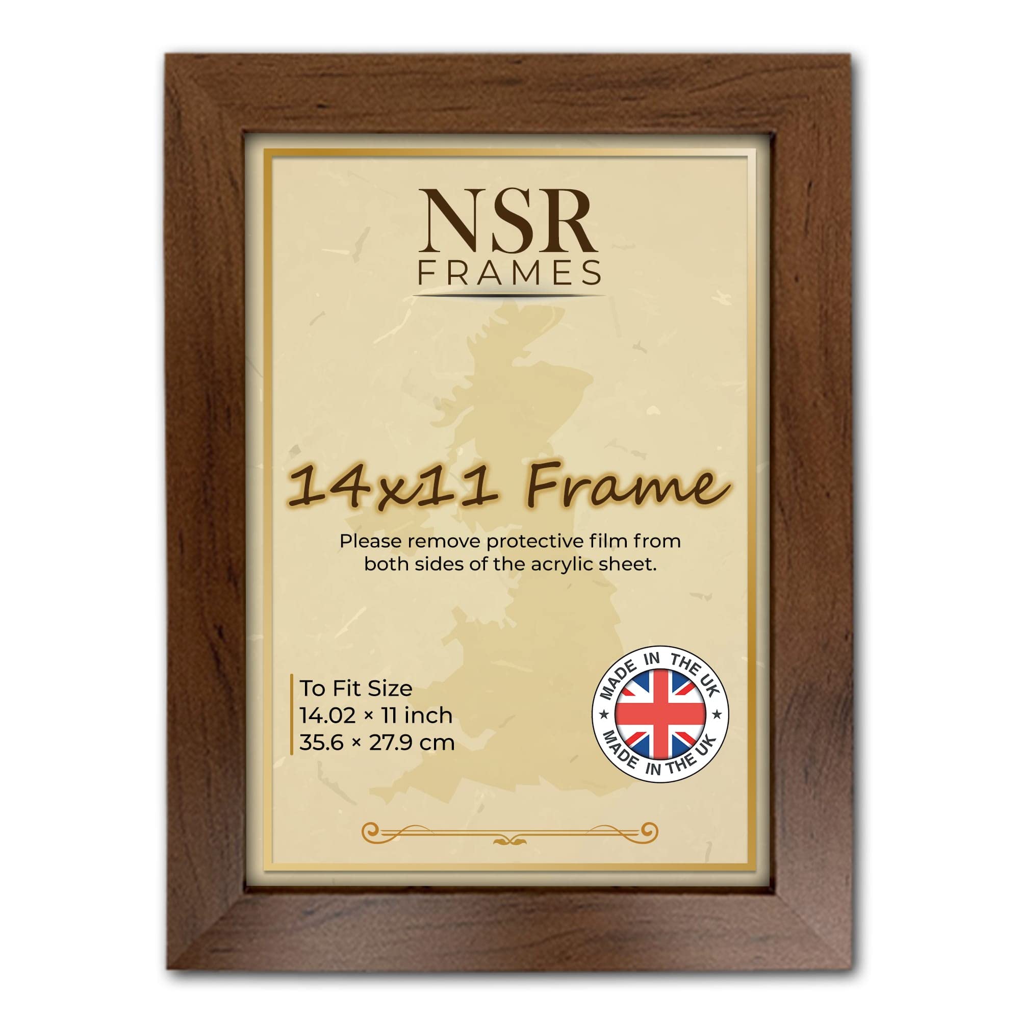 14 x 11 Inch Walnut Picture Photo Frame (35.6x27.9 cm) - Flat Wall Mount Hang Hooks & Free Tabletop Stand Poster MDF Wooden Portrait/Panoramic Clear Acrylic Display
