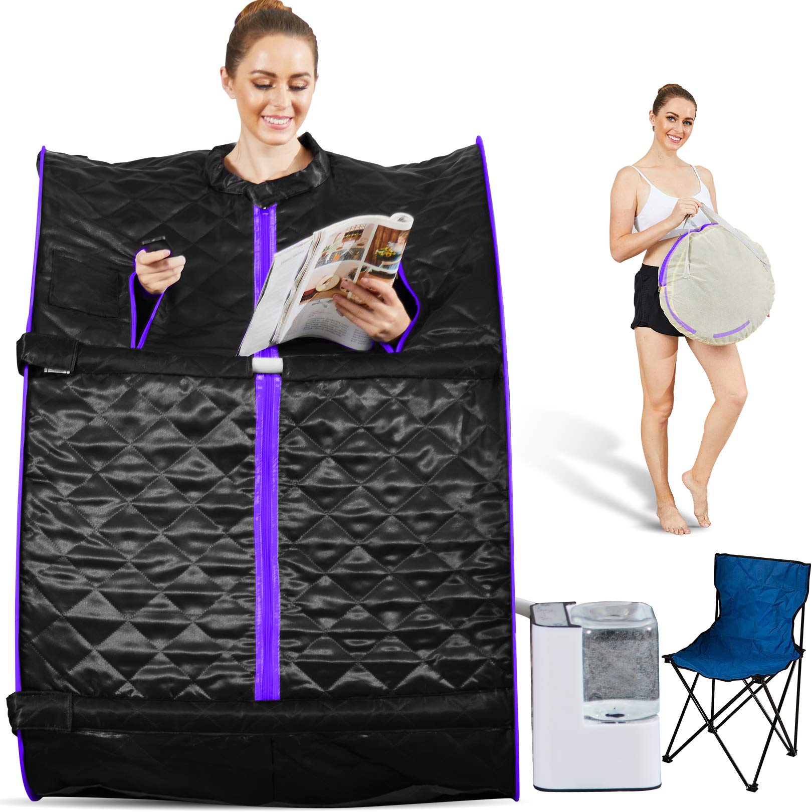 Hicient Steam Sauna Individual Home Spa-Indoor Portable Sauna Set Includes a Foot Pad,Remote Control, Folding Canvas Chair, Precise Timer (29.5 X 35 X 40.3 inch, Purple)