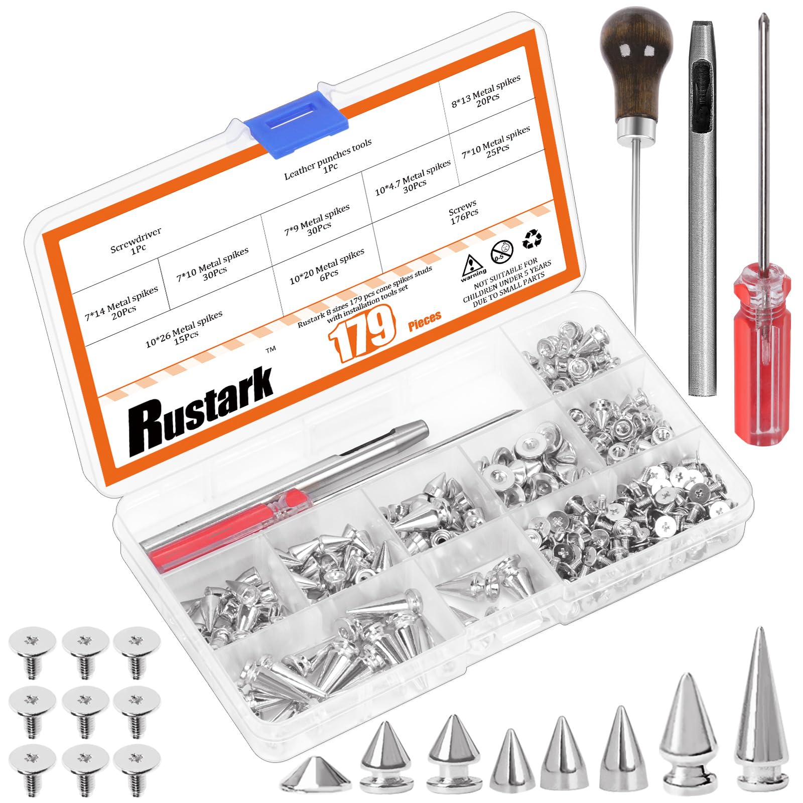 Rustark 179Pcs 8 Sizes Silver Metal Punk Spikes and Studs Assortment Kit with Tools Punk Rivet Studs Rivets Screw Screwback Studs Rivets for Punk Style Clothing Accessories Craft Decoration