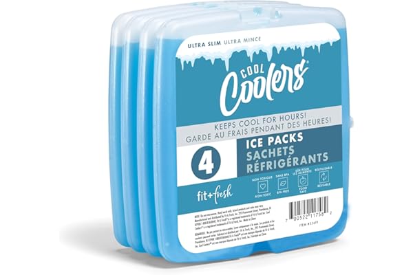 Cool Coolers By Fit & Fresh 4 Pack Slim Ice Packs, Quick Freeze Space Saving Reusable Ice Packs for Lunch Boxes or Coolers, Blue
