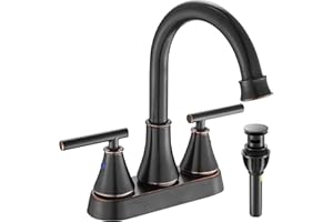 FRANSITON Bathroom Sink Faucet 4 Inch 2 Handle Centerset Oil Rubbed Bronze Lead-Free Modern Bathroom Faucet Vanity Faucet with Pop-up Drain Stopper and Supply Hoses