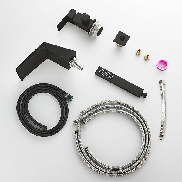 LIWEIKE BLACK ROMAN TUB FAUCET WITH SPRAYER, DECK MOUNT ROMAN BATHTUB FAUCET SET WITH HAND SHOWER FOR 3 HOLES SINGLE HANDLE WATERFALL TUB FILLER, MATTE BLACK