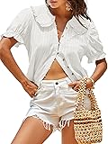Tankaneo Womens Puff Sleeve Shirts Peter Pan Collar