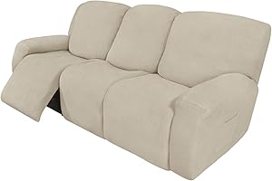 Easy-Going 8 Pieces Recliner Sofa Stretch Sofa Slipcover Sofa Cover Furniture Protector Couch Soft with Elastic Bottom Kids, Spandex Jacquard Small Checks Ivory
