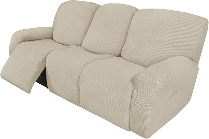 Easy-Going 8 Pieces Recliner Sofa Stretch Sofa Slipcover Sofa Cover Furniture Protector Couch Soft with Elastic Bottom Kids, Spandex Jacquard Small Checks Ivory