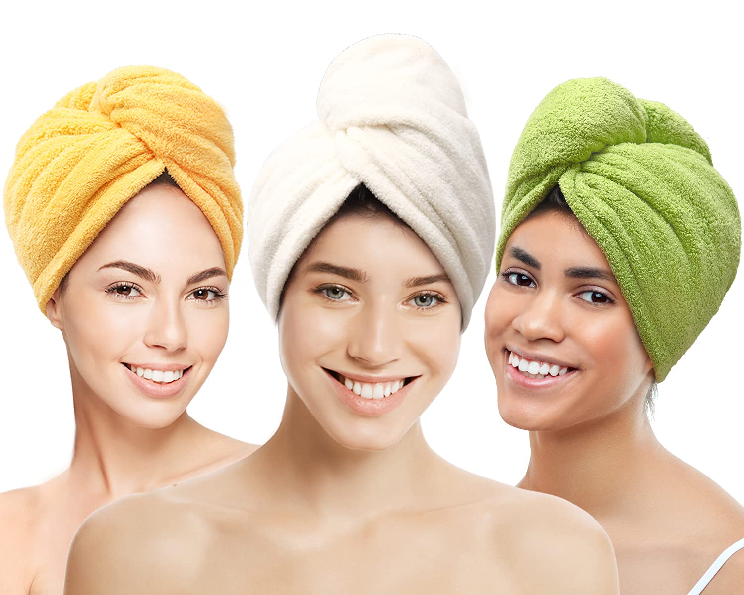 Microfiber Hair Towel, MEETRUE 3 Packs Hair Towel Wrap for Hair Drying Super Absorbent Magic Instant Dry Hair Turban for Women Long Curly Thick Wet Hair, Yellow White Green : Beauty