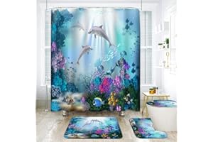 Yizheer 4Pcs Sea Dolphin Coral Shower Curtain Sets with Rugs,Toilet Lid Cover and Bath Mat, Ocean House Curtains Bathroom Decor Set