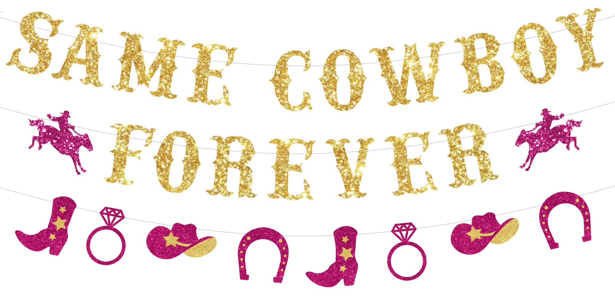 Sursurprise Western Hen Party Decorations, Same Cowboy Forever Banner Gold Glitter Hot Pink Cowgirl Garland for Nashville Engagement Bridal Shower, Nash Bash Bachelorette Party Supplies